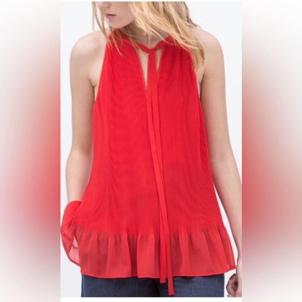 Zara red pleated Sleeveless ruffle tie detail beautiful top size Small - Picture 1 of 12